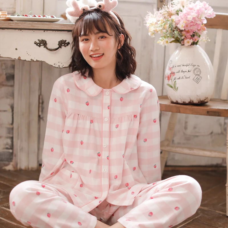 【草莓】秋冬纯棉女士甜美睡衣宽松磨毛长袖长裤家居服套装