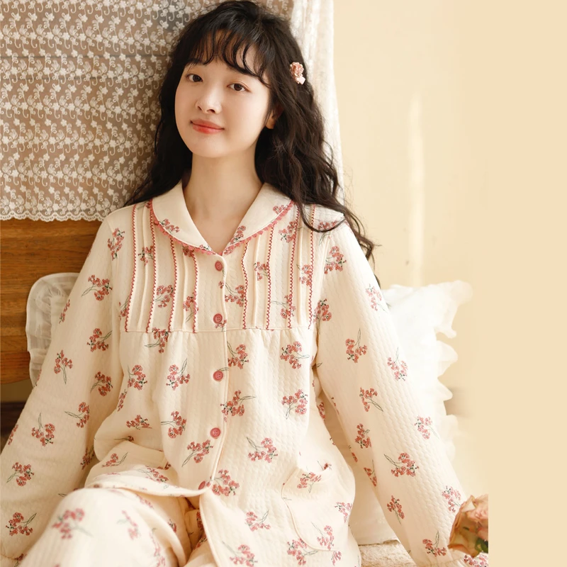 【樱落】秋冬纯棉女士睡衣加厚夹棉简约印花宽松长袖长裤家居服套装