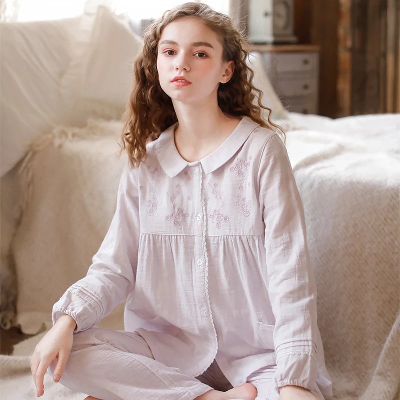 【樱之舞】春夏纯棉女士睡衣四季可穿带胸垫薄款长袖长裤家居服套装