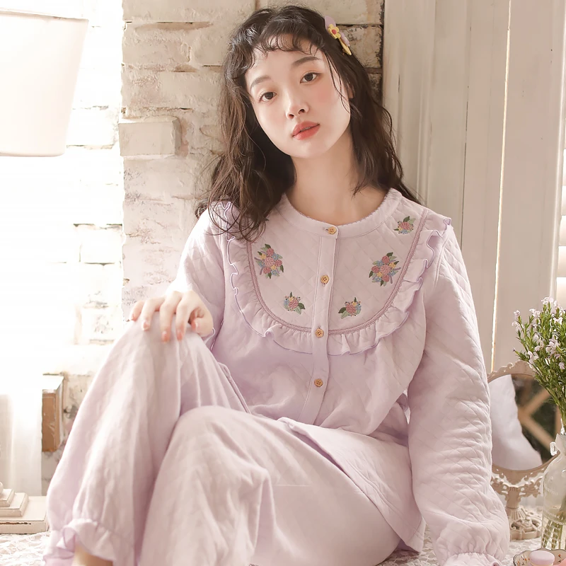 【落花】秋冬女士纯棉保暖刺绣甜美圆领夹棉空气棉睡衣家居服套装