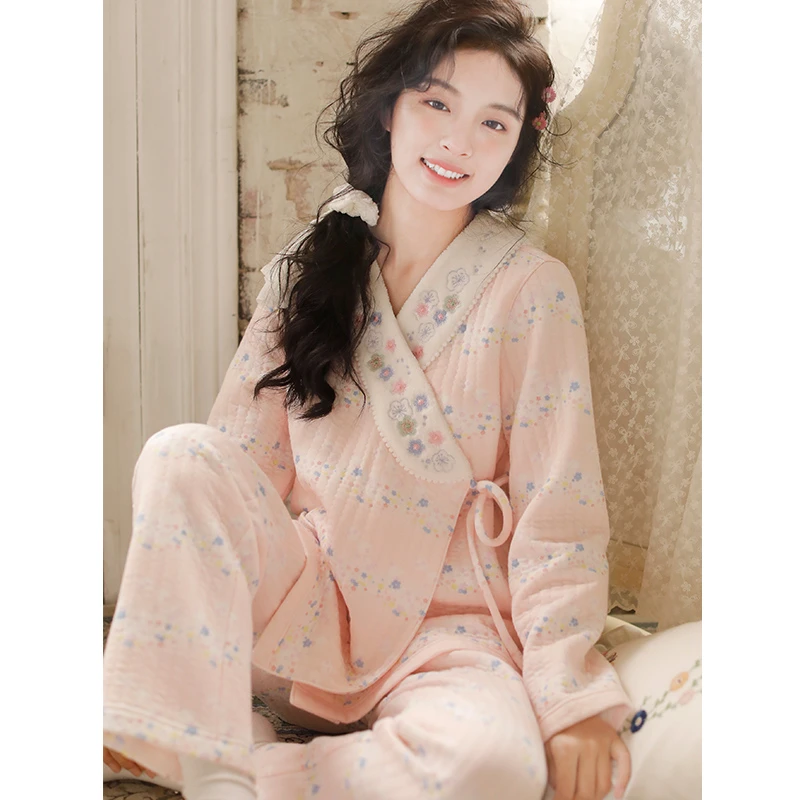 MEJU/蔓秋日系秋冬加厚和服女士刺绣开襟纯棉保暖睡衣家居服套装