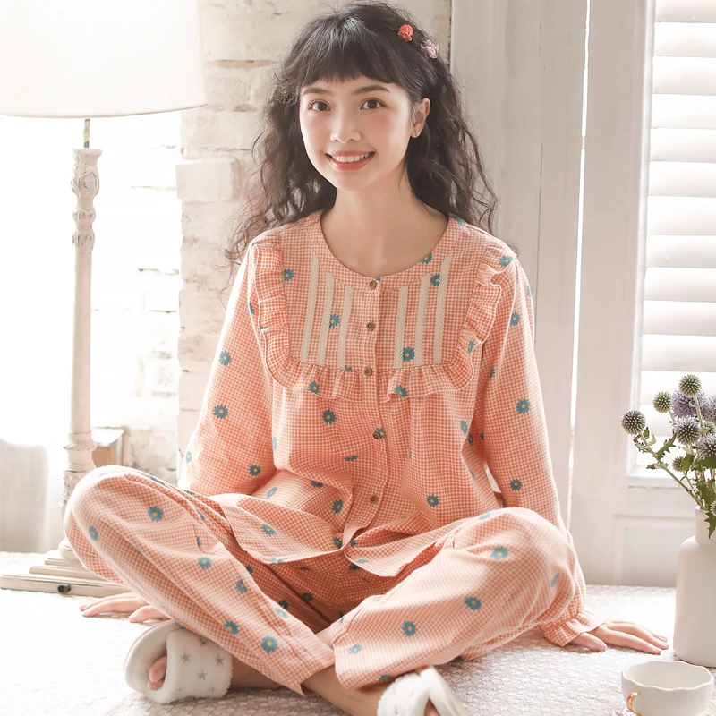 【雏菊】秋冬纯棉女士睡衣宽松圆领磨毛绒布开衫长袖长裤套装