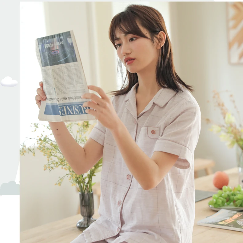 春夏纯棉女士简约双层棉纱睡衣宽松小翻领开衫短袖长裤家居服套装