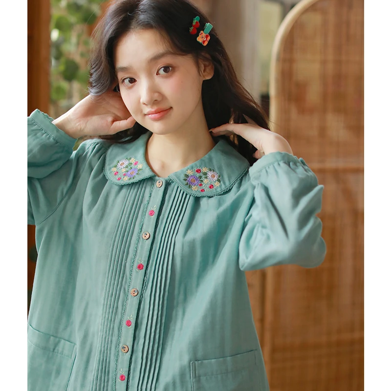 【花樱】秋冬纯棉双层纱女士睡衣复古翻领长袖长裤家居服套装241037