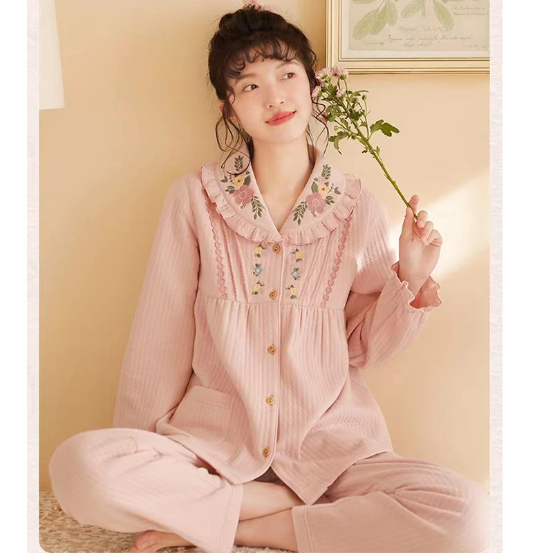 【花间】秋冬纯棉女士加厚保暖睡衣空气层青果领刺绣长袖长裤家居服
