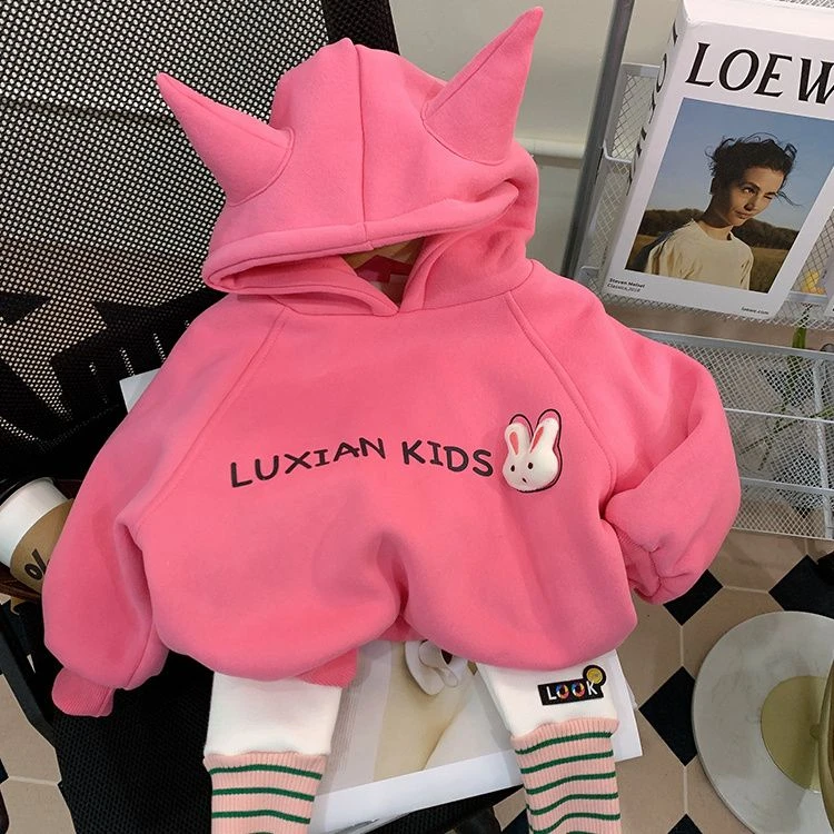 【童梦缘】女童加绒卫衣秋冬款洋气2024新款韩版加厚装儿童连帽