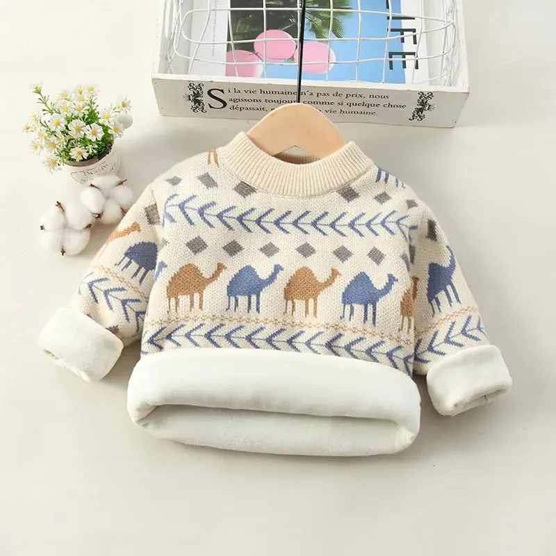 【童梦缘】男童毛衣套头加绒秋冬新款中小童洋气男孩儿童一体绒