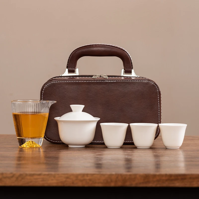 羊脂玉白瓷旅行茶具套装户外车载泡茶露营便携式盖碗茶杯一整套