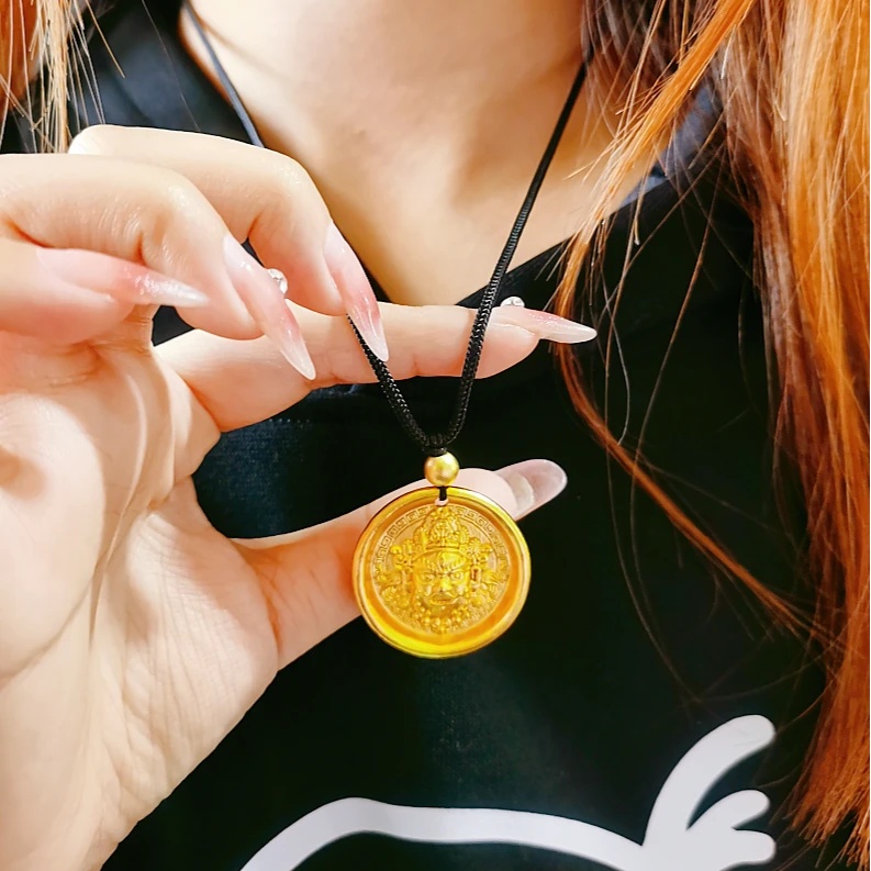 铜合金吊坠 黄财神吊坠项链古法挂坠编织绳手工占巴拉圆牌双面