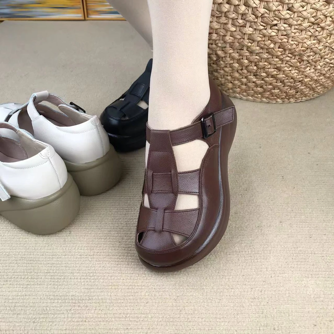 黛2968-5纯牛皮时尚夏季包头真皮平底女鞋复古镂空编织洞洞猪笼鞋