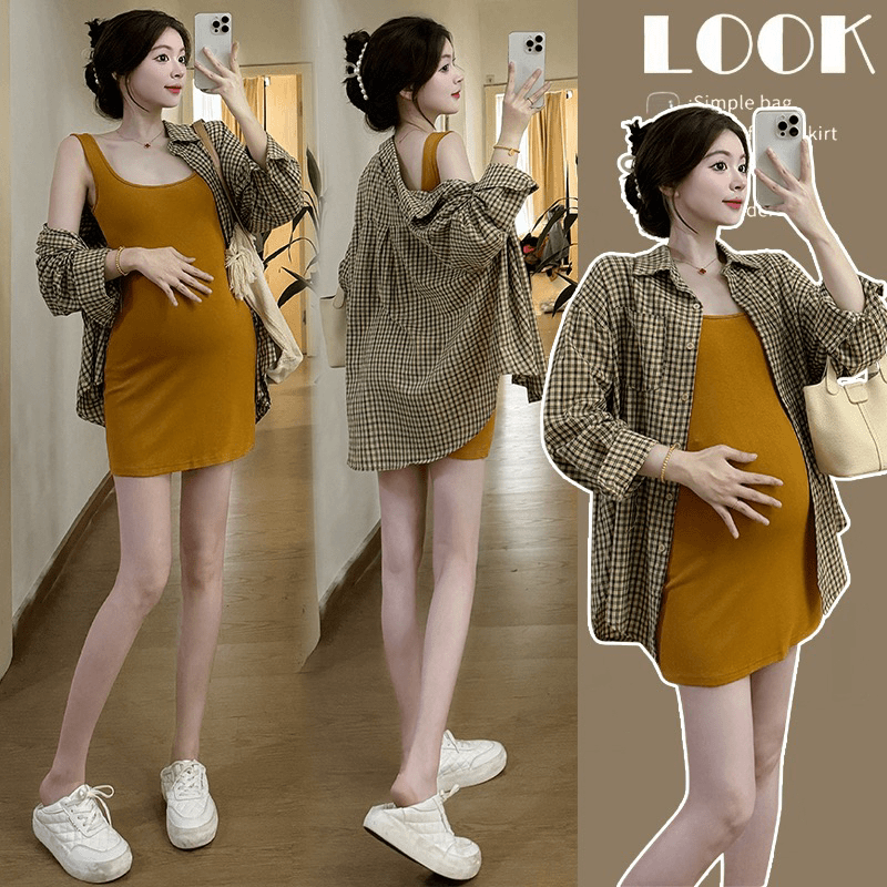 孕妇格纹防晒衬衫方领修身针织裙气质穿搭