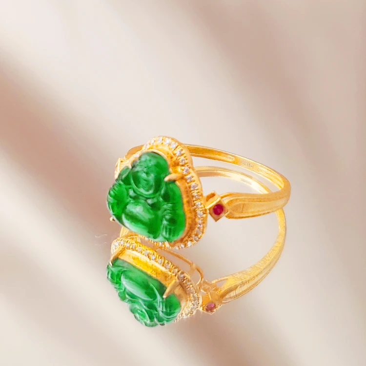 18K金*翡翠钻石佛公五条经戒指  G4305