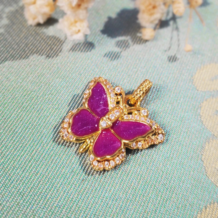 18K金烧蓝珠光九紫蝴蝶吊坠 国风精美 G7552