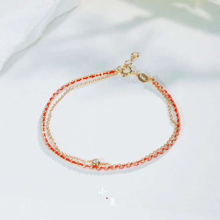 18K金钻石泡泡红绳双层手链 G9500