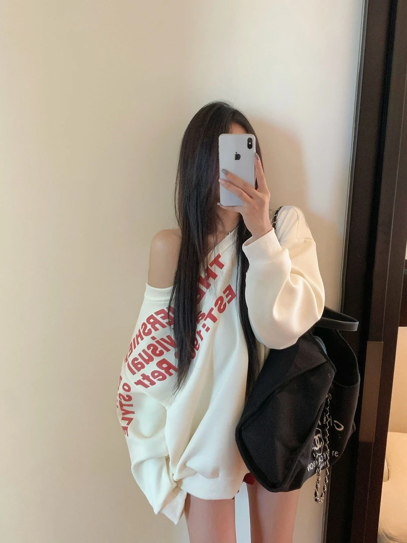 美式慵懒松弛感斜肩字母卫衣女秋冬oversize宽松显瘦薄款长袖上衣