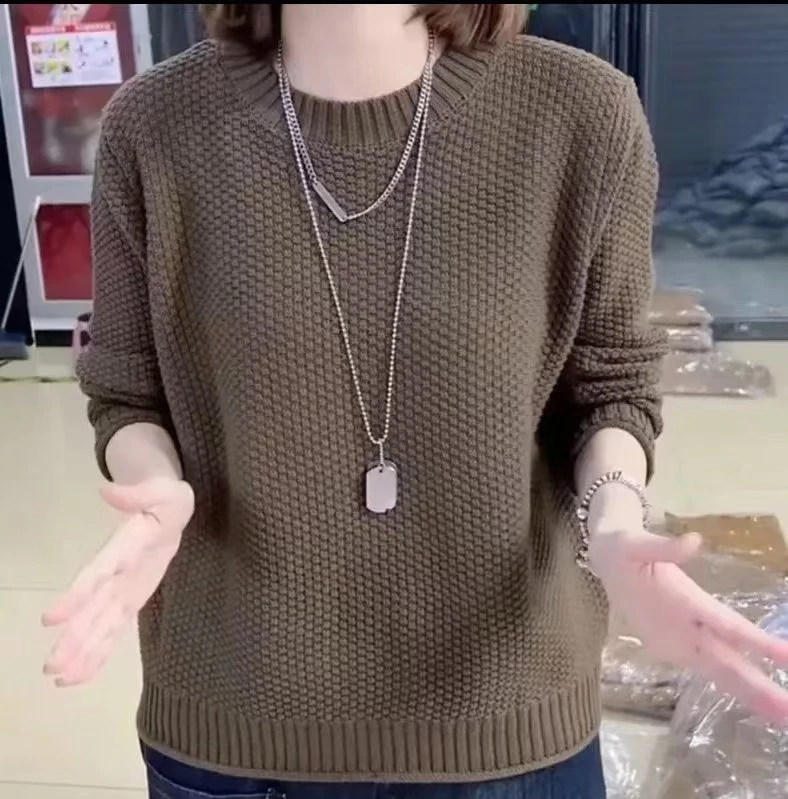秋冬季新款爆款纯色针织上衣女装韩版圆领洋气百搭宽松套头毛衣潮