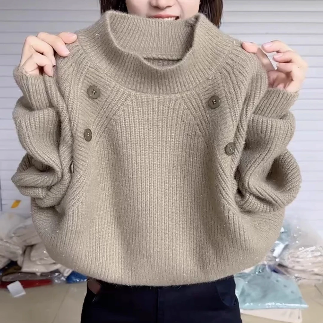 欧货2024年秋冬洋气坑条减龄纯色亮丝毛衣女纽扣设计感针织打底衫