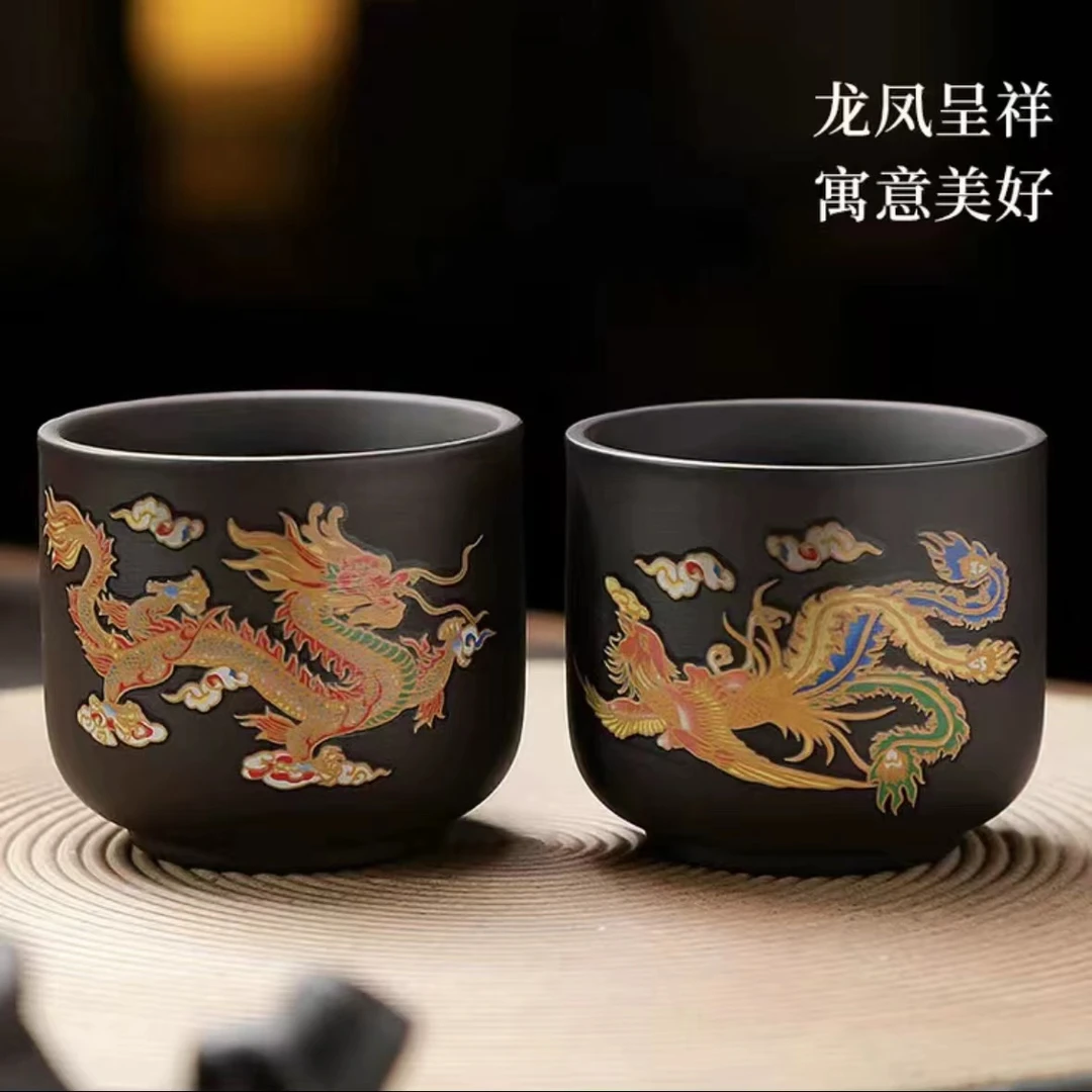 紫砂龙凤呈祥变色桶杯一对