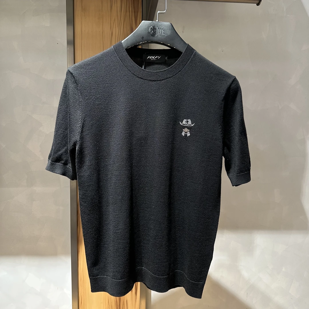 【FDLFY】针织半袖圆领休闲上衣时尚百搭黑色修身t恤打底衫男装