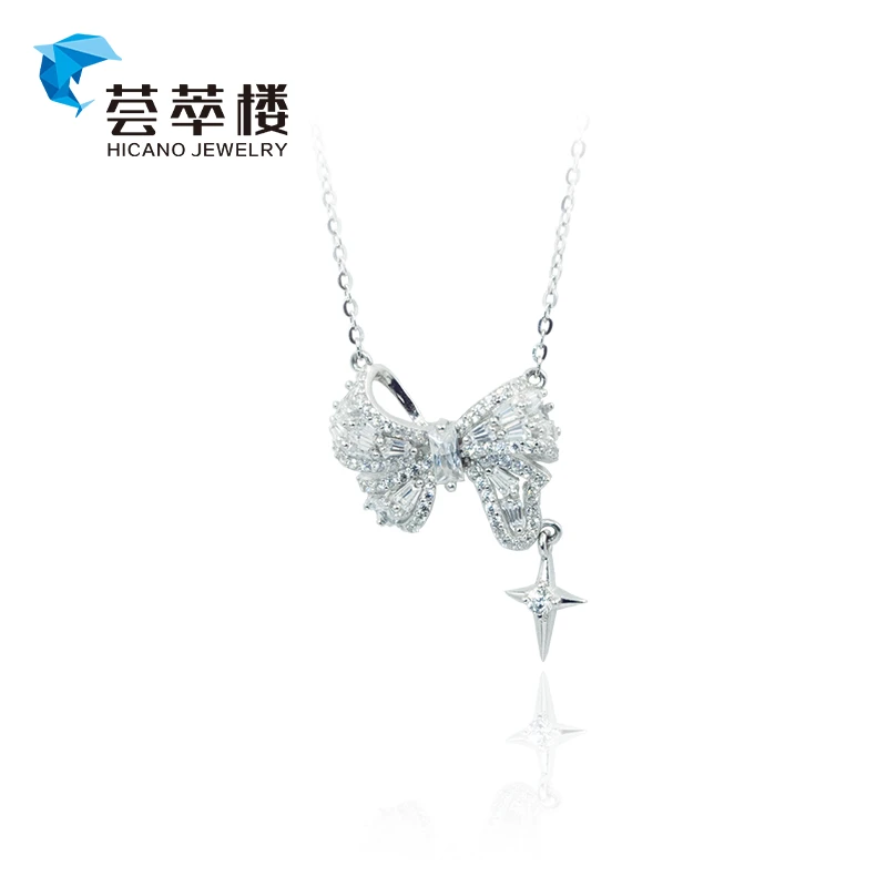 925银银制品 闪锆蝴蝶结星星美少女银色百搭小众项链