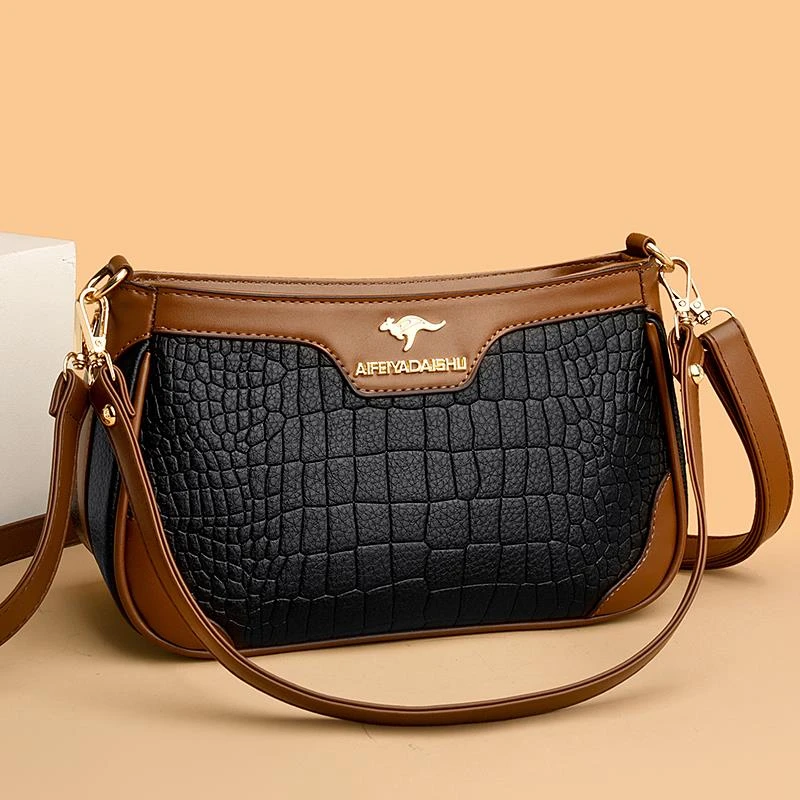 米琦袋鼠包包女2024新款时尚鳄鱼纹压花斜挎妈妈包轻奢中年单肩包