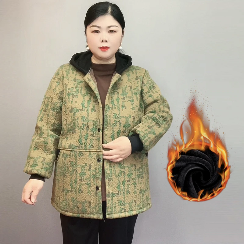 200斤胖妈妈装加肥大码中老年人加绒加厚保暖棉衣外套女气质连帽