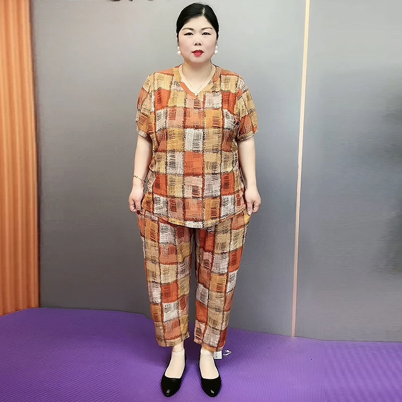 中老年妈妈装加肥大码夏新款洋气妈妈休闲女减龄显瘦短袖两件套装