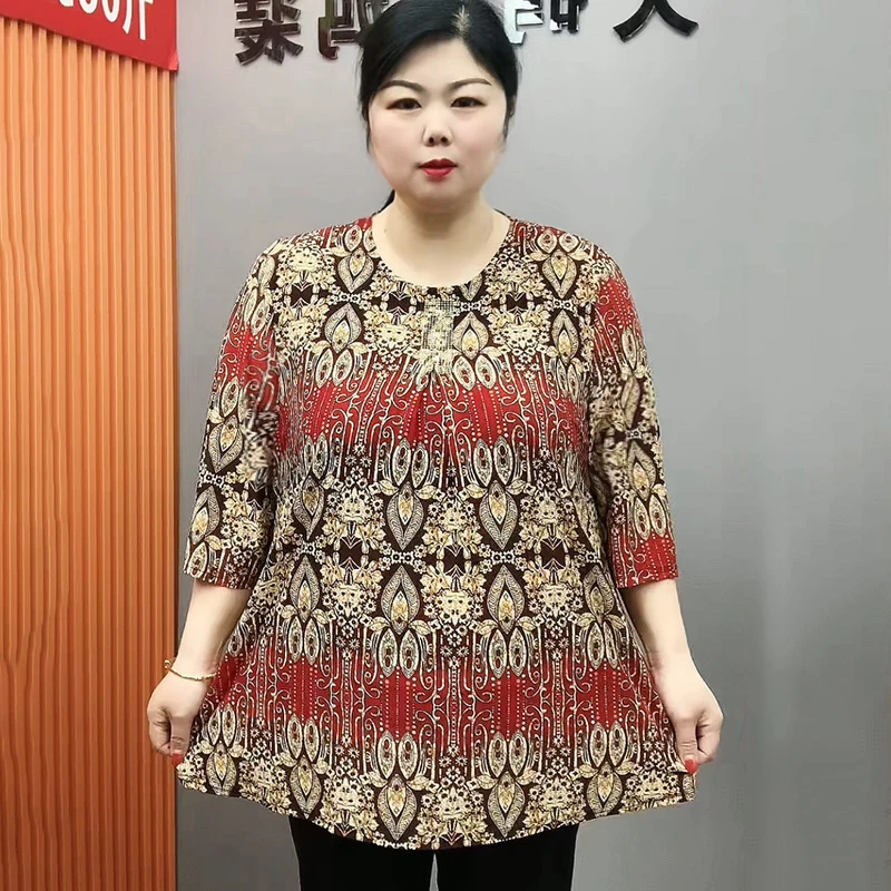 中老年女夏装新款七分袖女中长款套头圆领印花宽松大码气质妈妈装