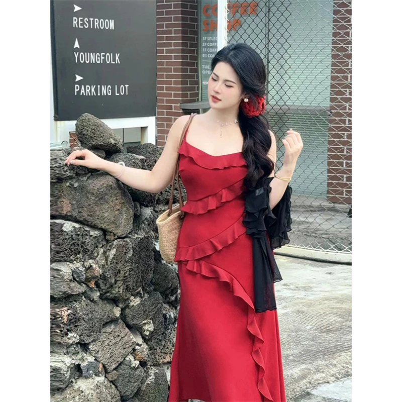 现货1【嘎嘎】07004C+06097C 微胖夏季法式赫本风黑色气质吊带裙