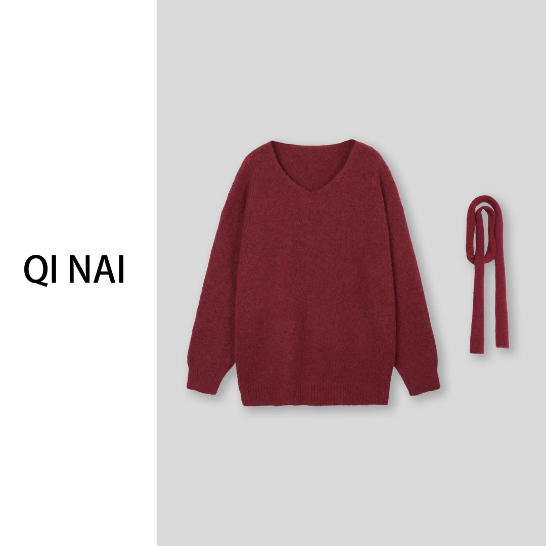 七奈推荐 【飘逸】V领针织毛衣简约宽松套头上衣QN11408