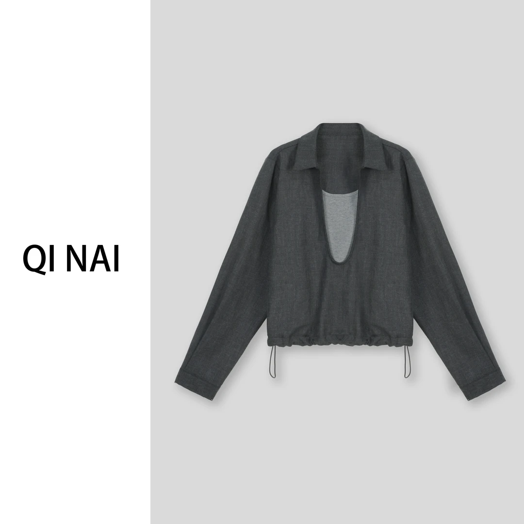 七奈推荐 【法文】休闲宽松百搭翻领假两件衬衫上衣QN11569