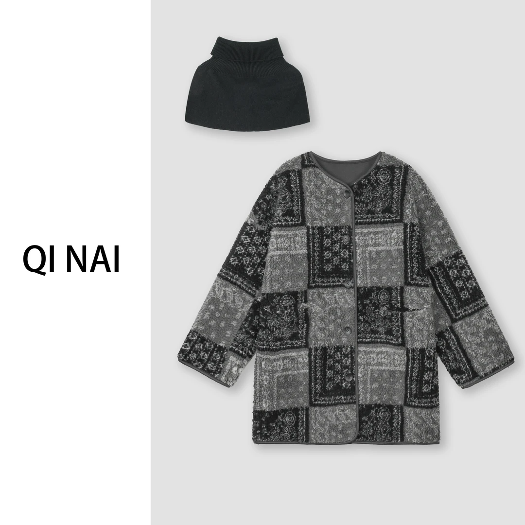 七奈推荐 【郁与】设计感小众围脖＋百搭拼接中长毛外套QN11804