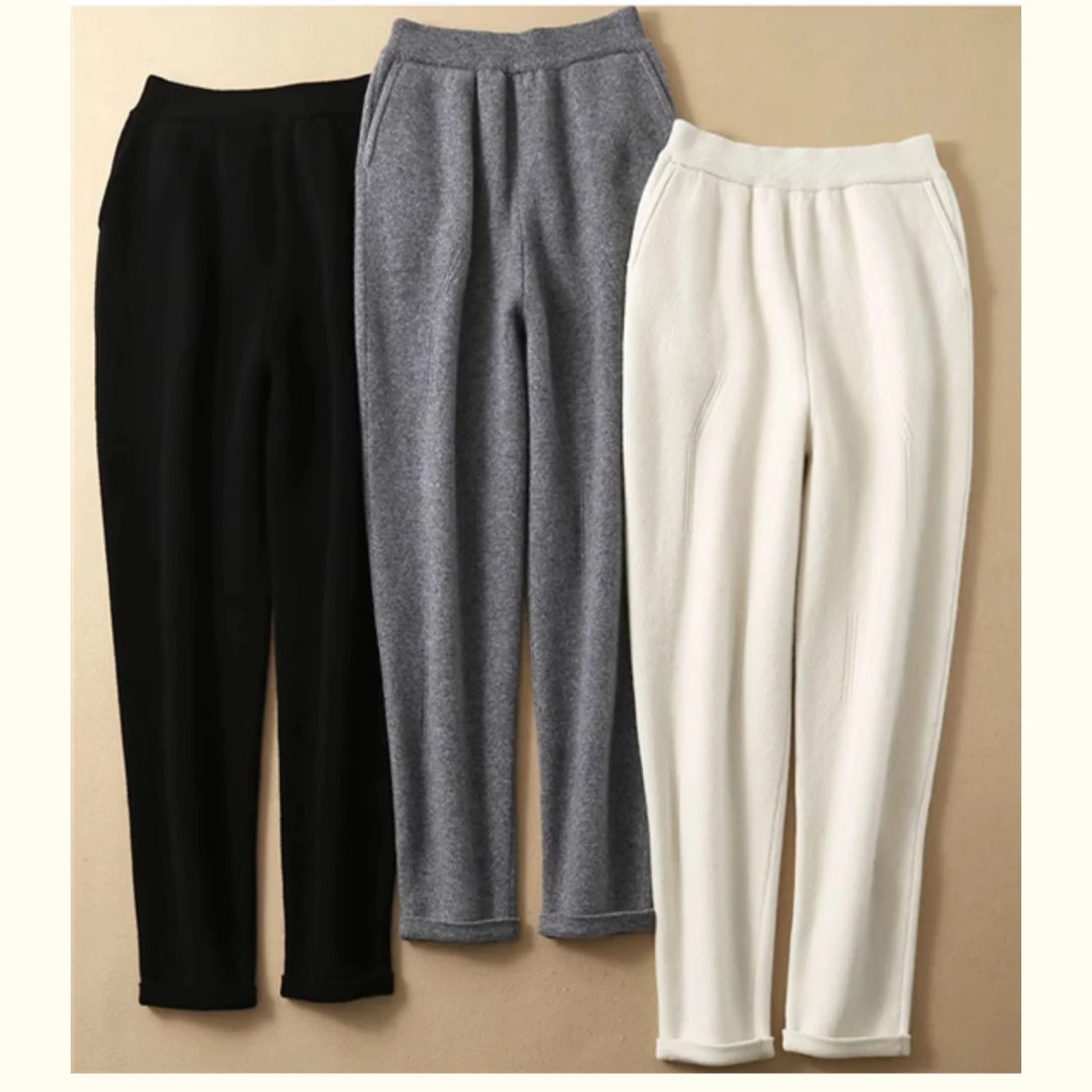 100羊毛奢华软糯秋冬白色哈伦针织羊毛裤子女羊加厚萝卜小脚外穿