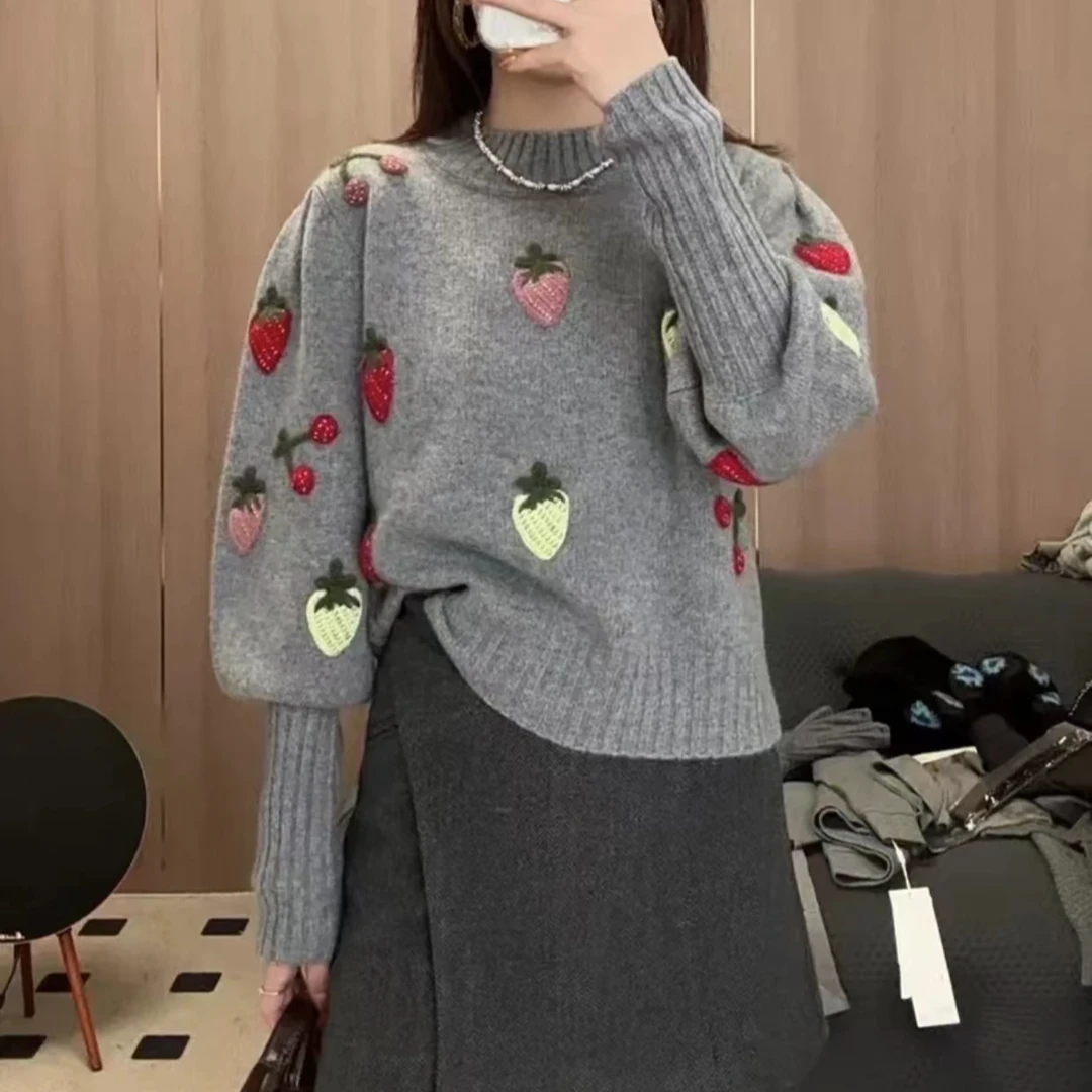 【现货】草莓提花圆领针织衫女毛衣内搭秋冬新款百搭显瘦长袖上衣