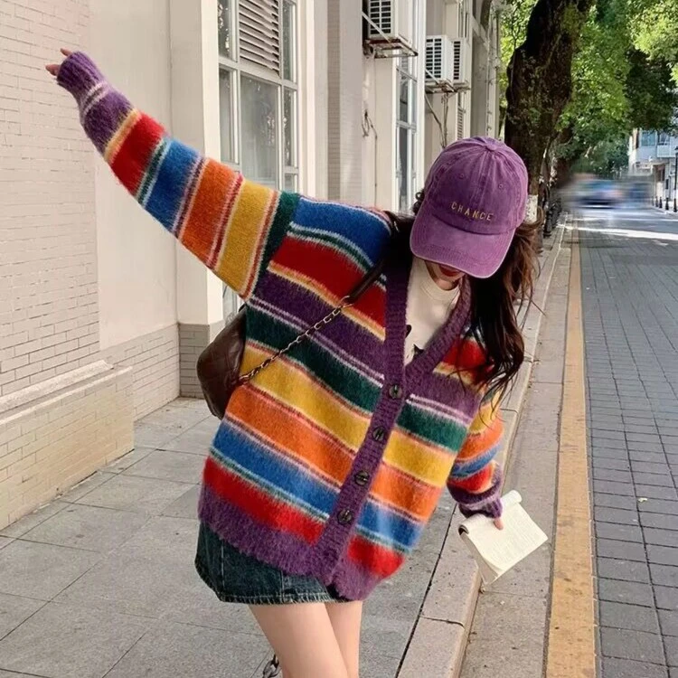 K1662 彩虹条纹彩条毛衣开衫女宽松韩版针织外套
