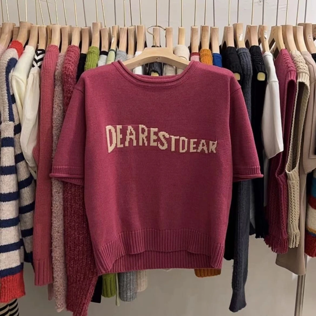 T1645 春季新品字母撞色提花圆领短袖针织套头毛衣