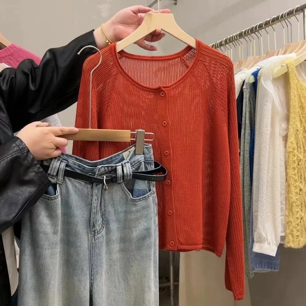 K1746 纯色针织衫镂空薄款长袖上衣女设计感开衫