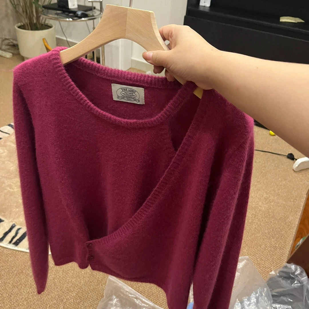 T2170 韩系交叉设计感收腰不规则针织衫毛衣女秋冬