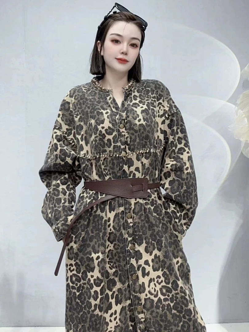 欧货女装原创不撞衫高级感豹纹长裙2024新款时尚宽松长袖收腰
