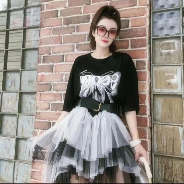 欧货女装潮牌重工进口纱纱拼接印花蝴蝶结T恤连衣裙（无腰带）