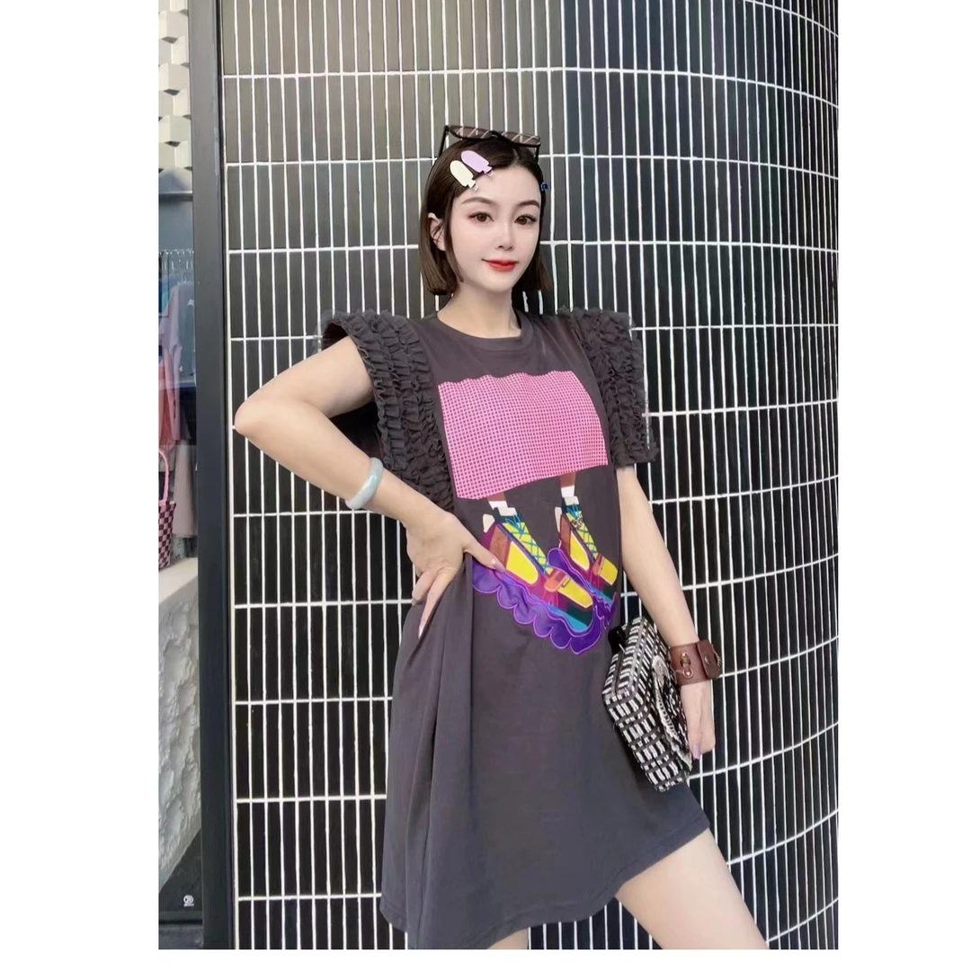 欧货女装潮牌2024夏季新款圆领拼接印花袖口纱纱高级灰连衣裙
