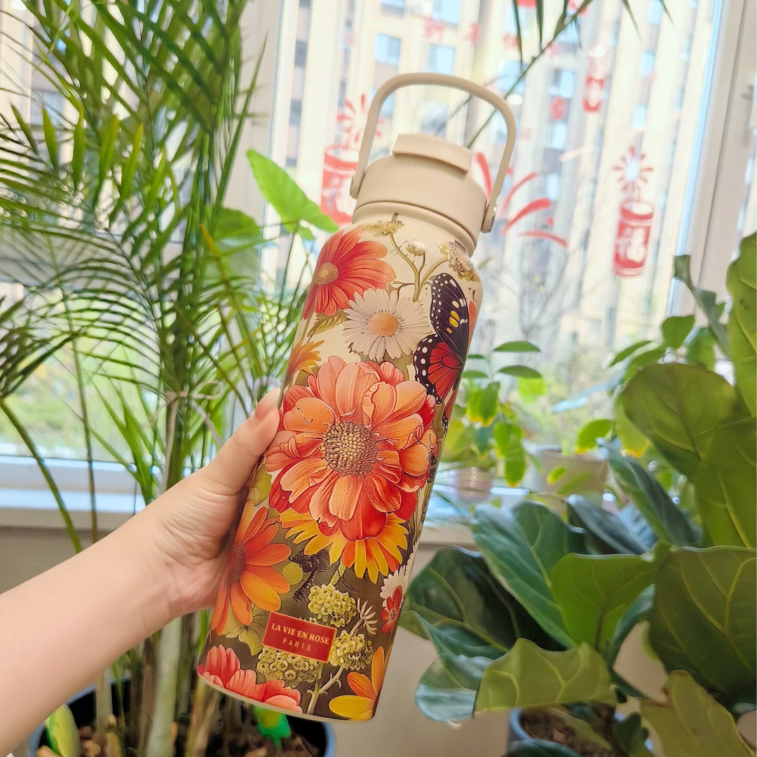 玫瑰人生系列设计款复古繁花系保温杯1200ML容量双饮口手提杯 S