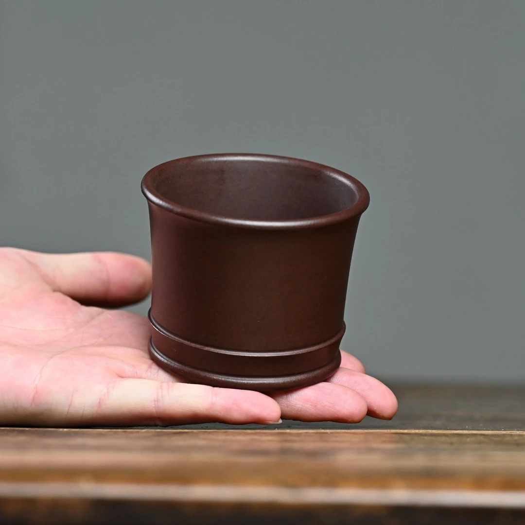 原矿紫砂紫泥纯全手工茶道大口直杯宜兴大容量家用茶道器竹节杯