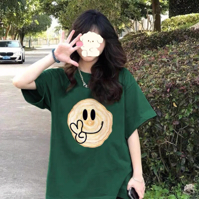 淑女风纯棉短袖T恤女装2023夏韩版学生百搭笑脸印花可爱休闲衣服G