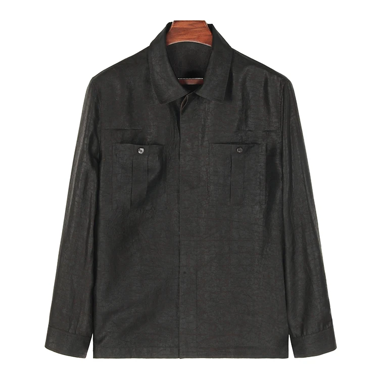 88757 男士长袖衬衫双面穿桑蚕丝龟裂纹香云纱中式休闲时尚上衣