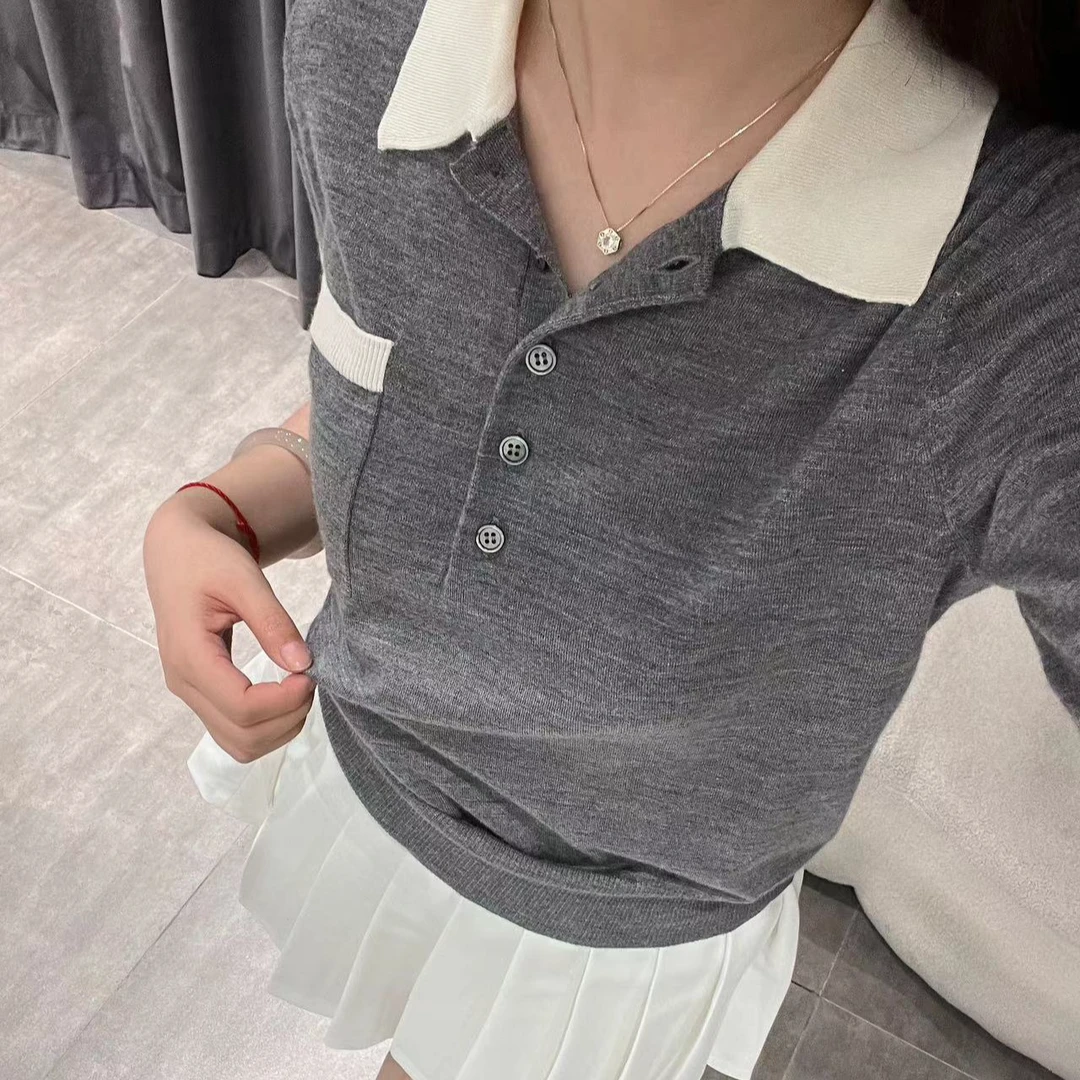 莉莉24年夏季薄款细腻真丝羊毛撞色POLO翻领小狗图针织显瘦上衣女