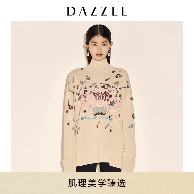 DAZZLE地素 虎年卡通手工刺绣珠片高领毛衣套头长袖针织衫2E1E441