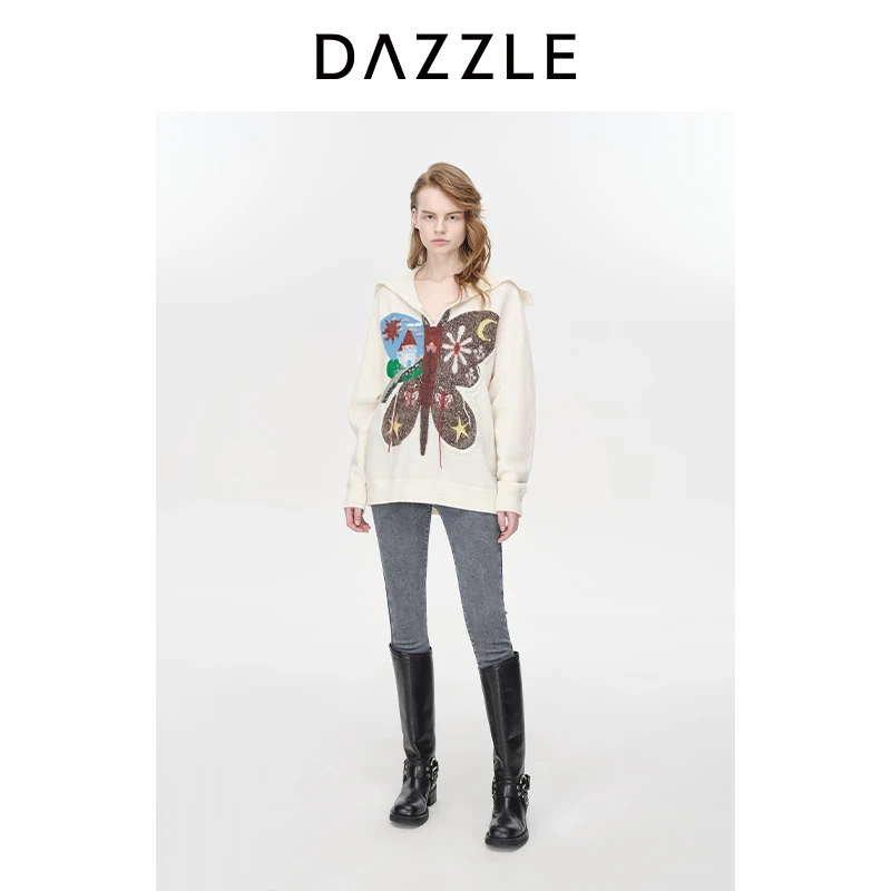 DAZZLE地素重工蝴蝶毛衫冬慵懒风海军领宽松上衣女2H4E456