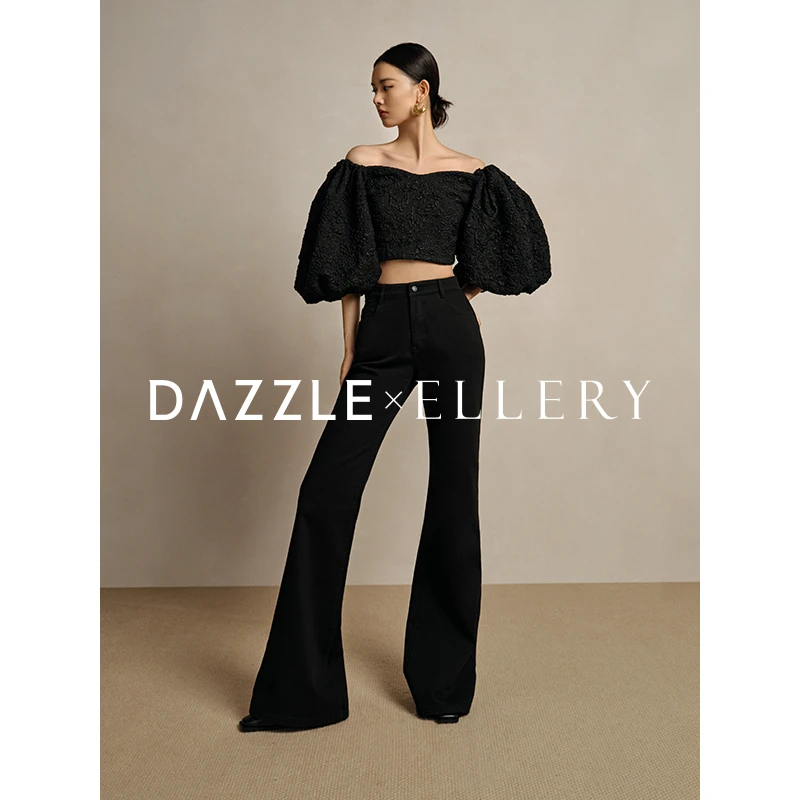 【DAZZLE×ELLERY】地素黑色牛仔裤春复古摩登喇叭裤女2H3R509