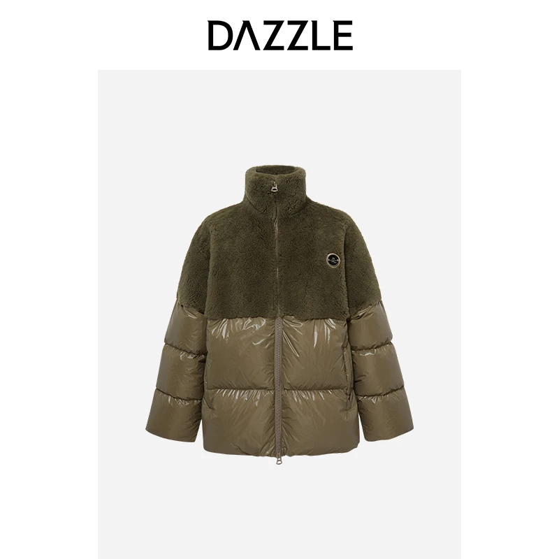 DAZZLE地素 冬季时尚休闲夹克撞色立领羽绒拼接皮草外套2E1M405